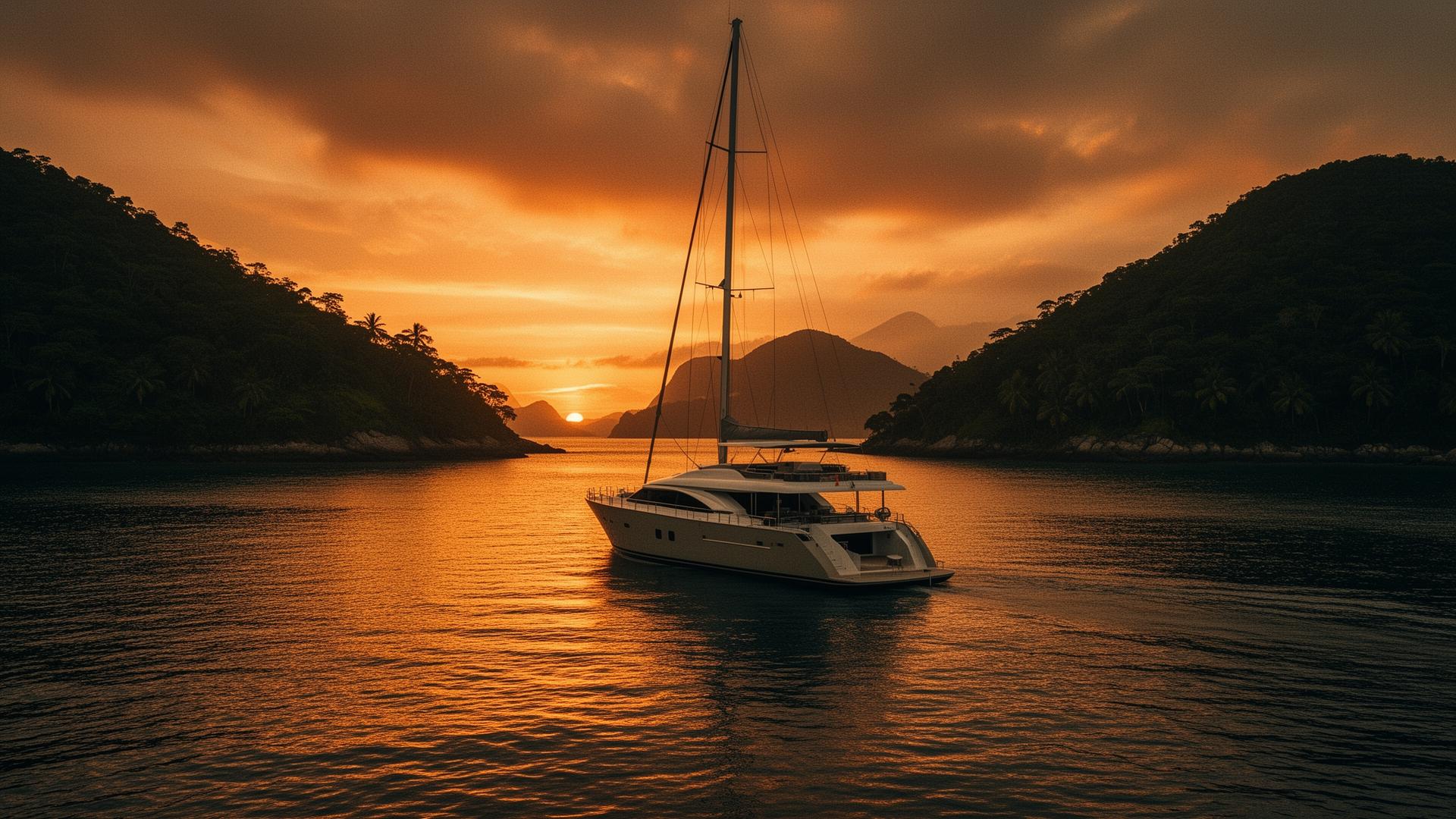 Sunset over a luxury yacht in Costa Verde, Brazil